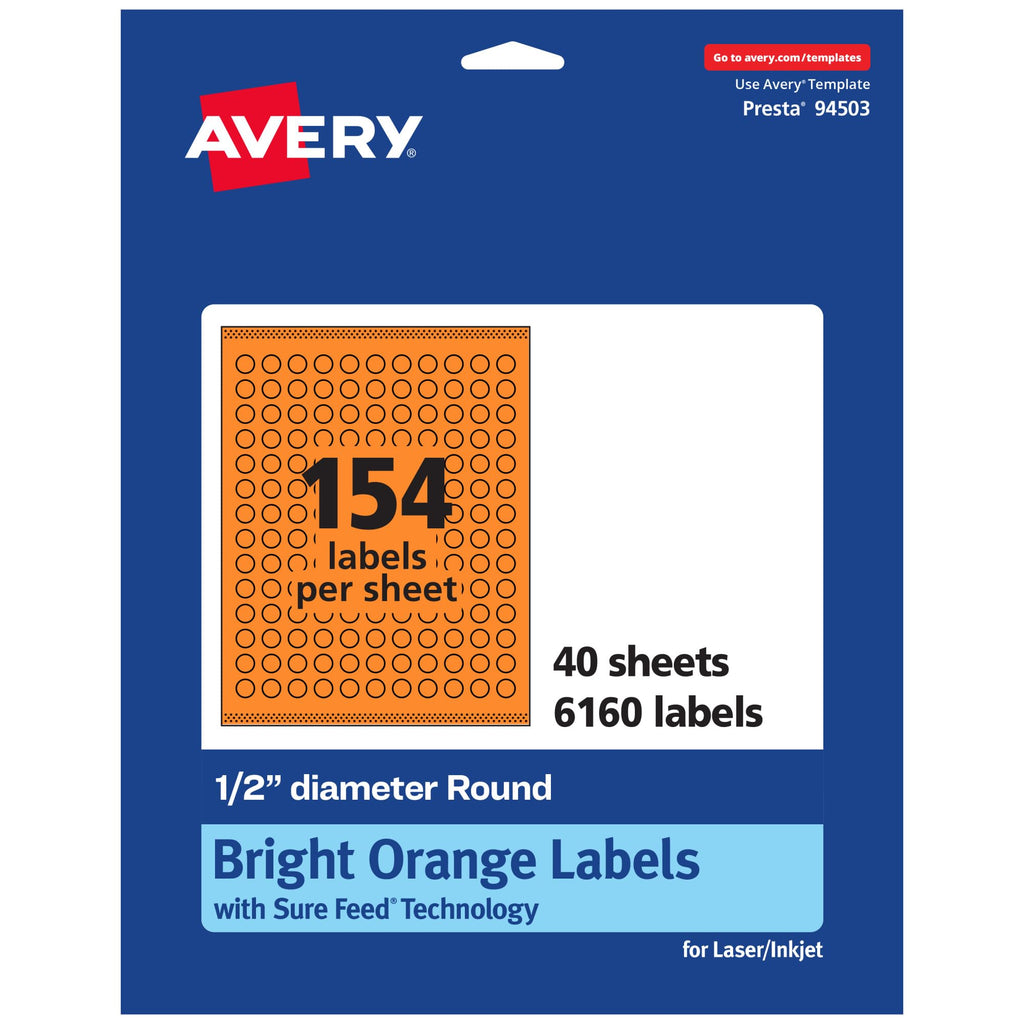 Avery® Printable Round Labels, Sure Feed® Technology, 1/2" Diameter, Bright Orange Labels, Print-to-the-Edge, Laser/Inkjet, 6,160 Total, Great for Price Stickers and Mailing Seals 6,160 labels