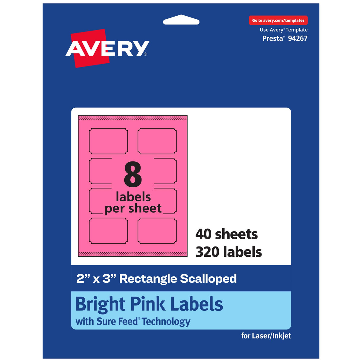 Avery Printable Rectangle Scalloped Labels, Sure Feed Technology, 2" x 3", Bright Pink Labels, Print-to-The-Edge, Laser/Inkjet Printable, 320 Total, Great for Mailing and Candles 320 labels