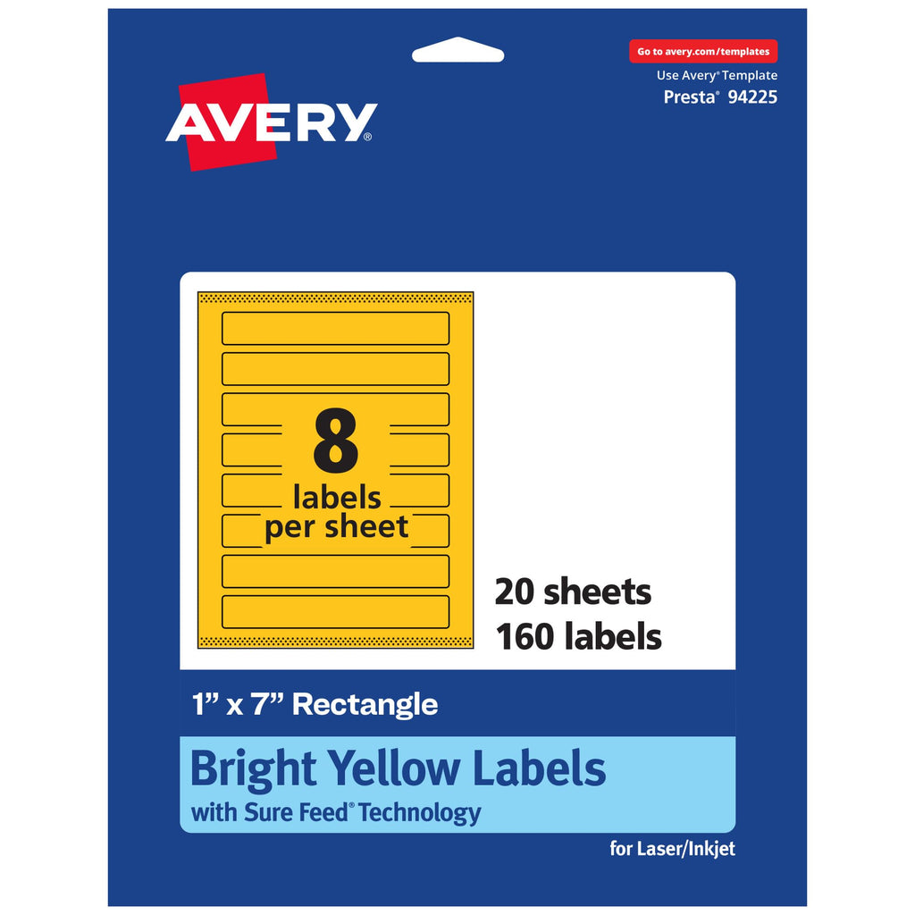 Avery® Printable Rectangle Labels, Sure Feed® Technology, 1" x 7", Bright Yellow Labels, Print-to-The-Edge, Laser/Inkjet Printable, 160 Total, Great for Candles and Jars 160 labels
