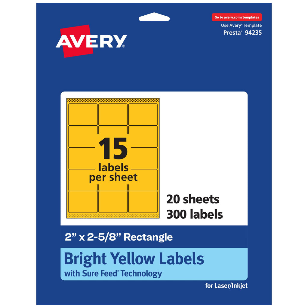Avery Printable Rectangle Labels, Sure Feed Technology, 2" x 2-5/8", Bright Yellow Labels, Laser/Inkjet Printable, 300 Total, Great for Mailing 300 labels