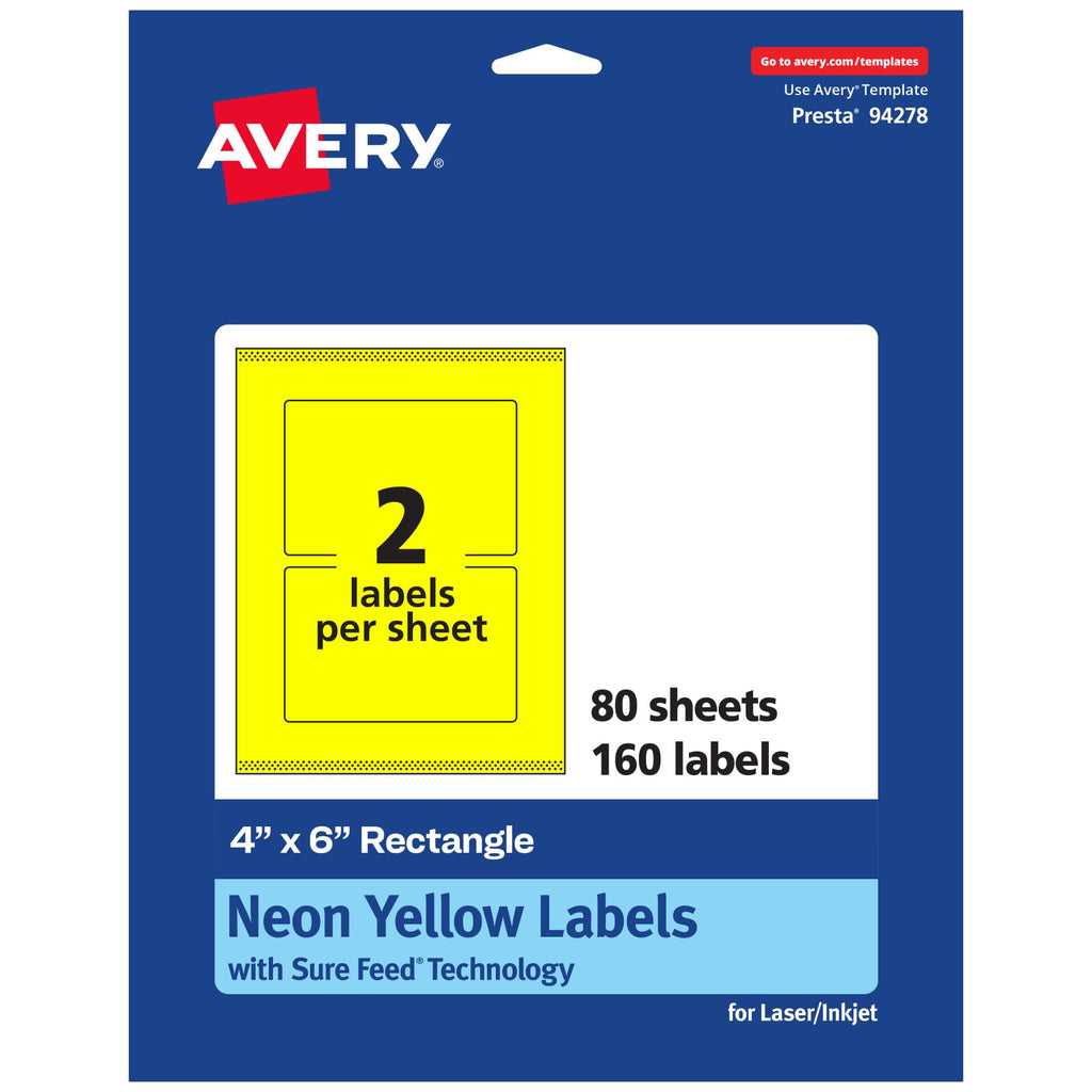 Avery® Printable Rectangle Labels, Sure Feed® Technology, 4" x 6", Neon Yellow Labels, Print-to-The-Edge, Laser/Inkjet Printable, 160 Total, Great for Shipping and Packaging 160 labels