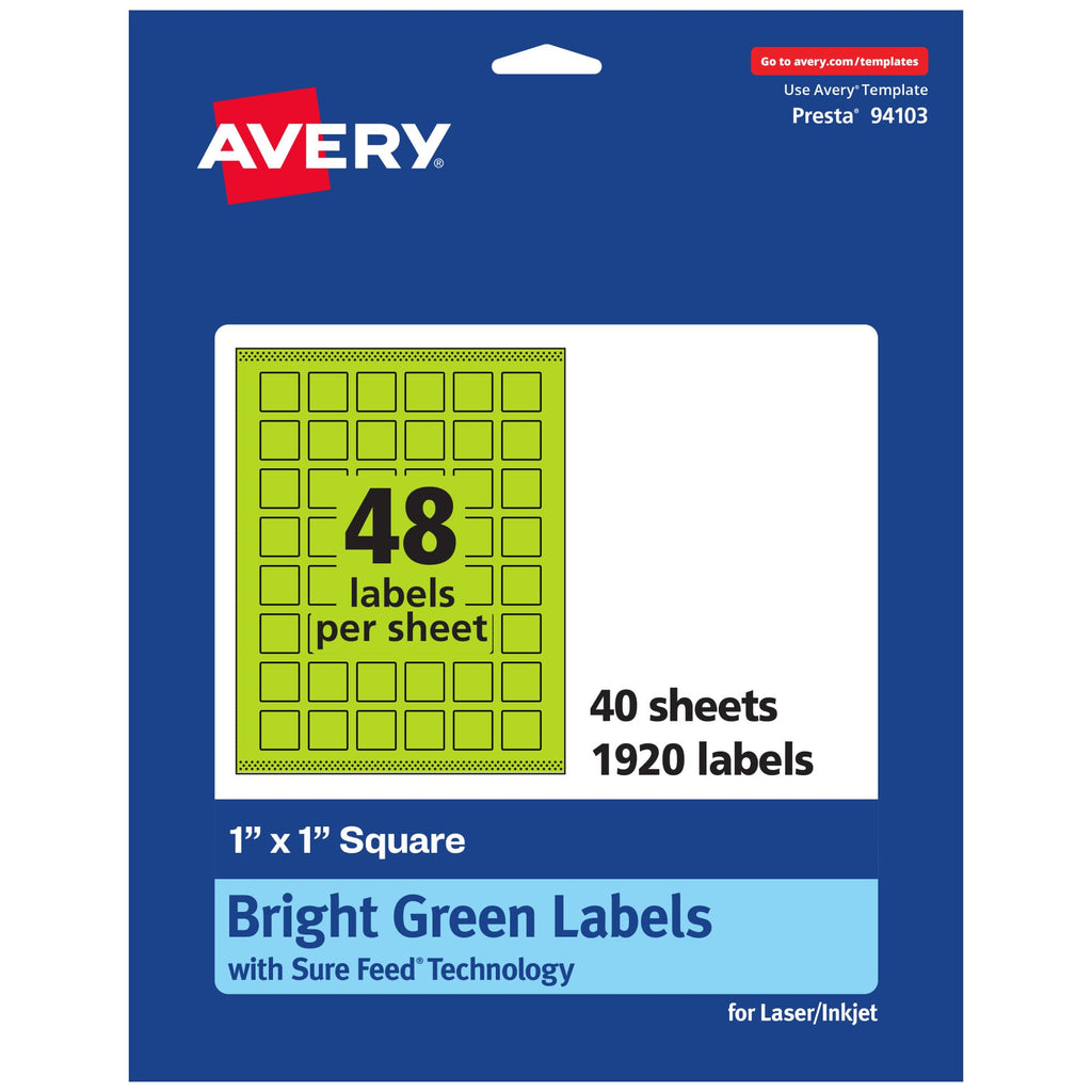 Avery Printable Square Labels, Sure Feed Technology, 1" x 1", Bright Green Labels, Print-to-The-Edge, Laser/Inkjet Printable, 1,920 Total, Great for Soaps and QR Codes 1,920 labels