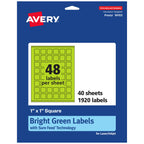 Avery Printable Square Labels, Sure Feed Technology, 1" x 1", Bright Green Labels, Print-to-The-Edge, Laser/Inkjet Printable, 1,920 Total, Great for Soaps and QR Codes 1,920 labels