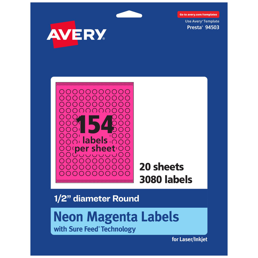 Avery® Printable Round Labels, Sure Feed® Technology, 1/2" Diameter, Neon Magenta Labels, Print-to-the-Edge, Laser/Inkjet, 3,080 Total, Great for Price Stickers and Mailing Seals 3,080 labels