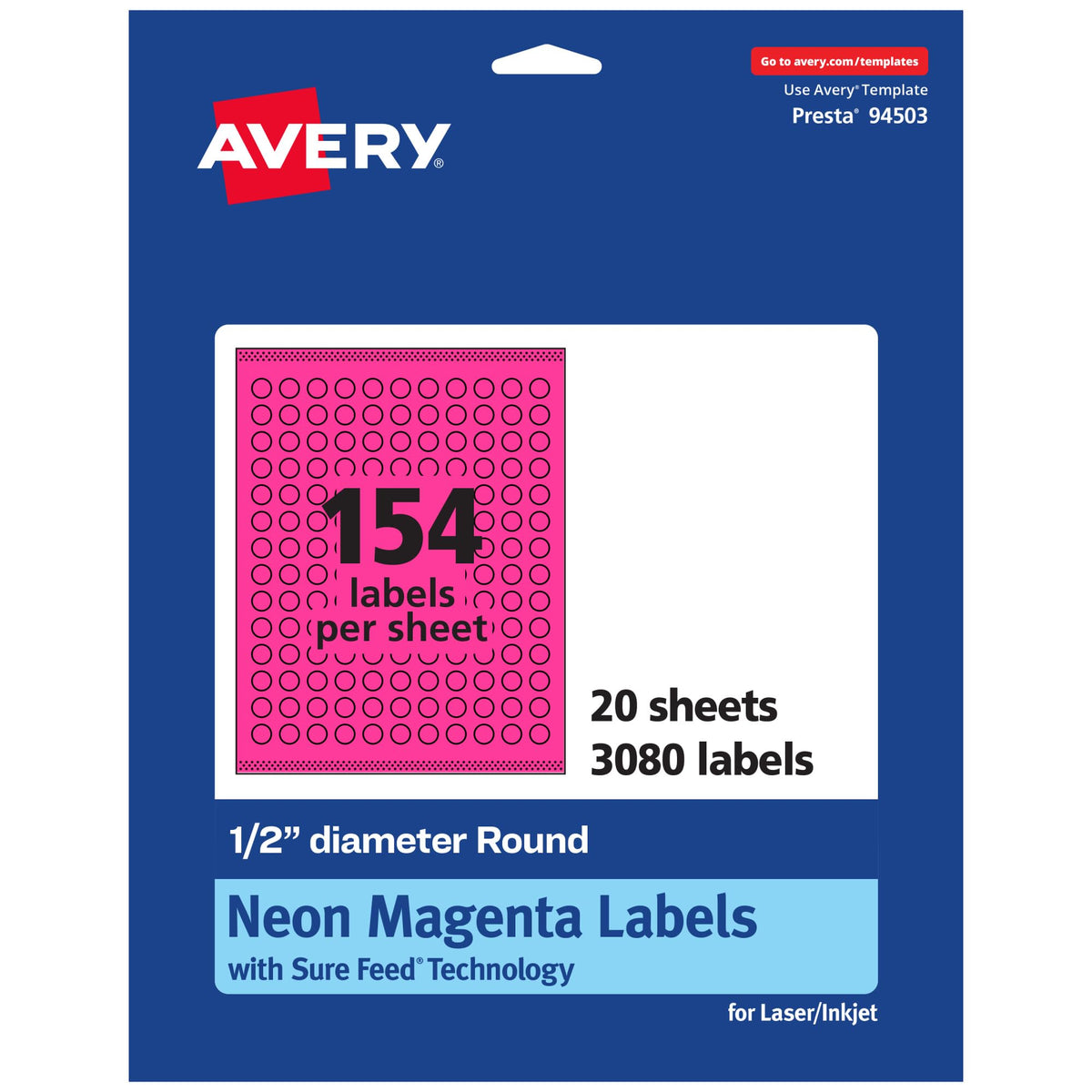 Avery® Printable Round Labels, Sure Feed® Technology, 1/2" Diameter, Neon Magenta Labels, Print-to-the-Edge, Laser/Inkjet, 3,080 Total, Great for Price Stickers and Mailing Seals 3,080 labels