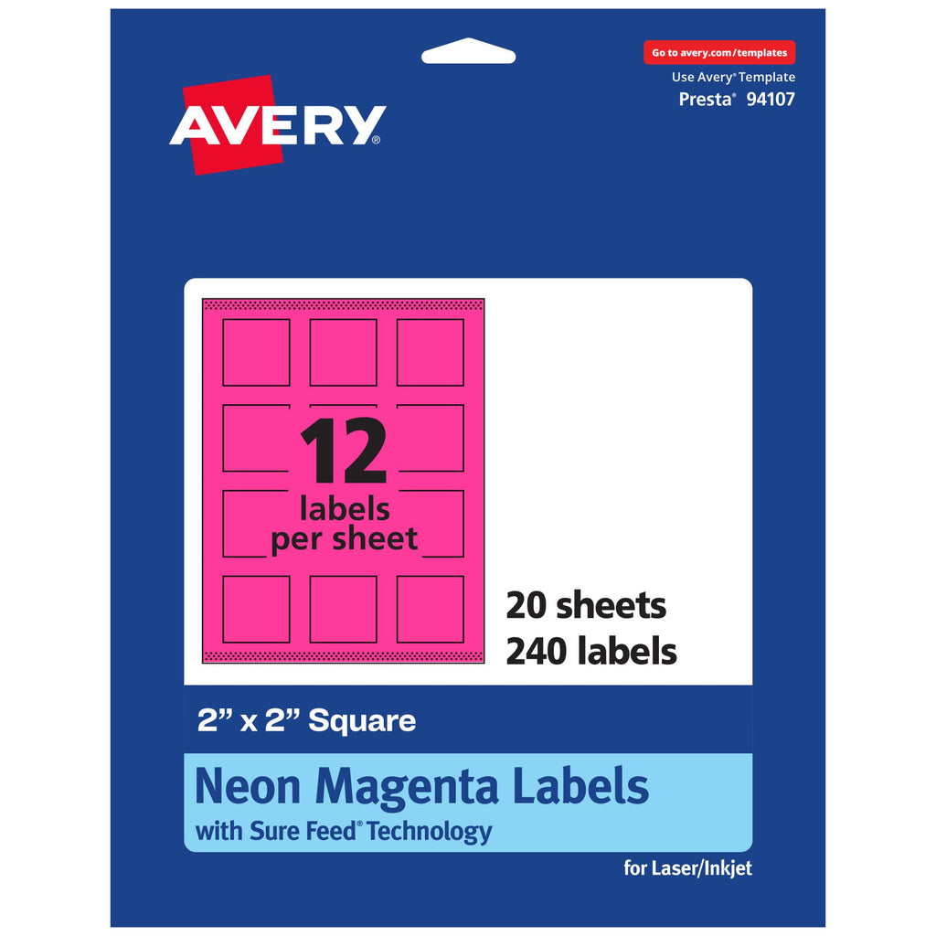 Avery Printable Square Labels, Sure Feed Technology, 2" x 2", Neon Magenta Labels, Print-to-The-Edge, Laser/Inkjet Printable, 240 Total, Great for Jars and Packaging 240 labels