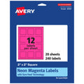 Avery Printable Square Labels, Sure Feed Technology, 2" x 2", Neon Magenta Labels, Print-to-The-Edge, Laser/Inkjet Printable, 240 Total, Great for Jars and Packaging 240 labels