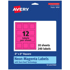 Avery Printable Square Labels, Sure Feed Technology, 2" x 2", Neon Magenta Labels, Print-to-The-Edge, Laser/Inkjet Printable, 240 Total, Great for Jars and Packaging 240 labels