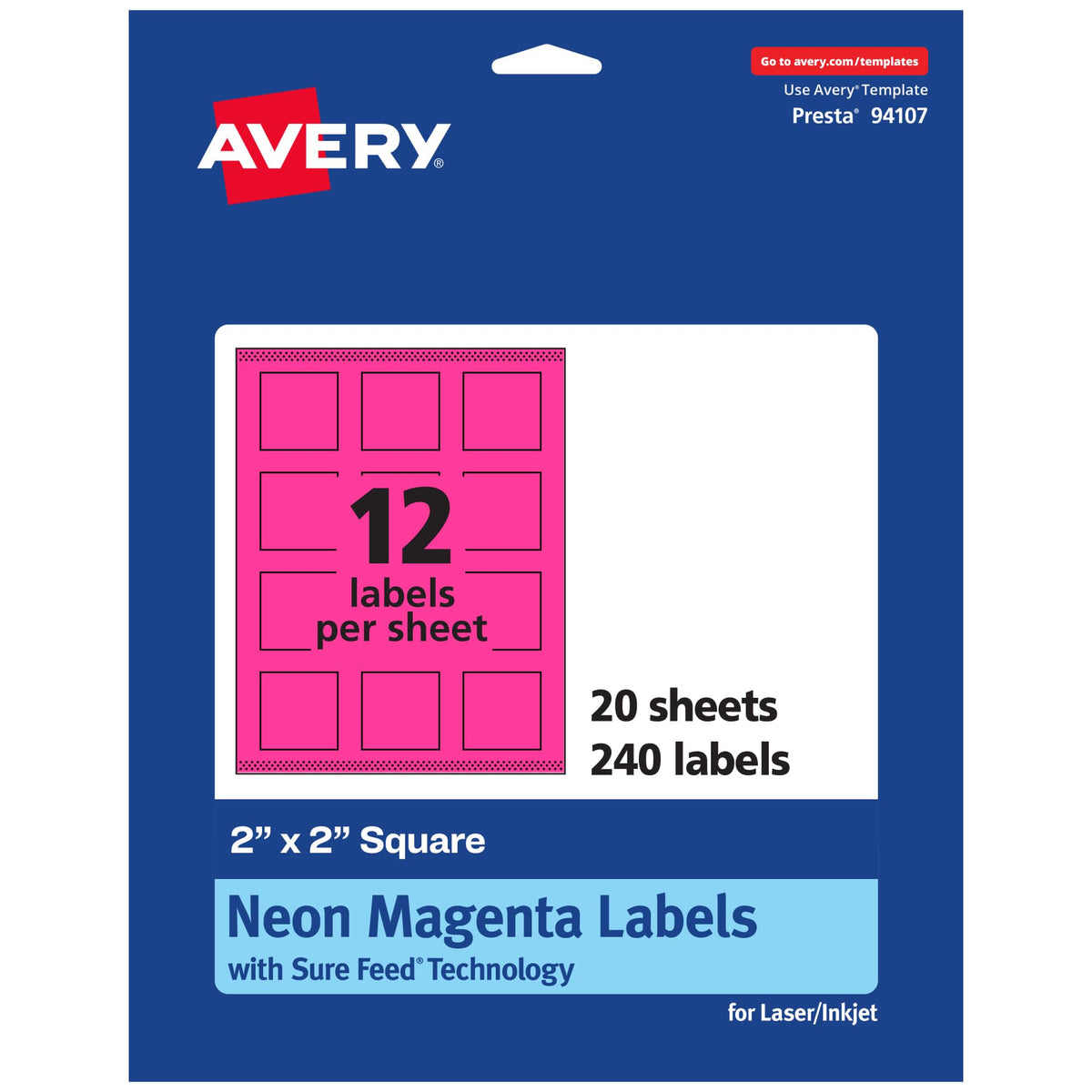 Avery Printable Square Labels, Sure Feed Technology, 2" x 2", Neon Magenta Labels, Print-to-The-Edge, Laser/Inkjet Printable, 240 Total, Great for Jars and Packaging 240 labels