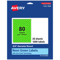Avery Printable Round Labels, Sure Feed Technology, 3/4" Diameter, Neon Green Labels, Print-to-the-Edge, Laser/Inkjet, 1,600 Total, Great for Price Stickers and Mailing Seals 1,600 labels
