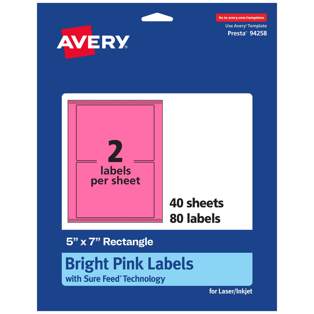 Avery Printable Rectangle Labels, Sure Feed Technology, 5" x 7", Bright Pink Labels, Laser/Inkjet Printable, 80 Total, Great for Shipping and Packaging 80 labels
