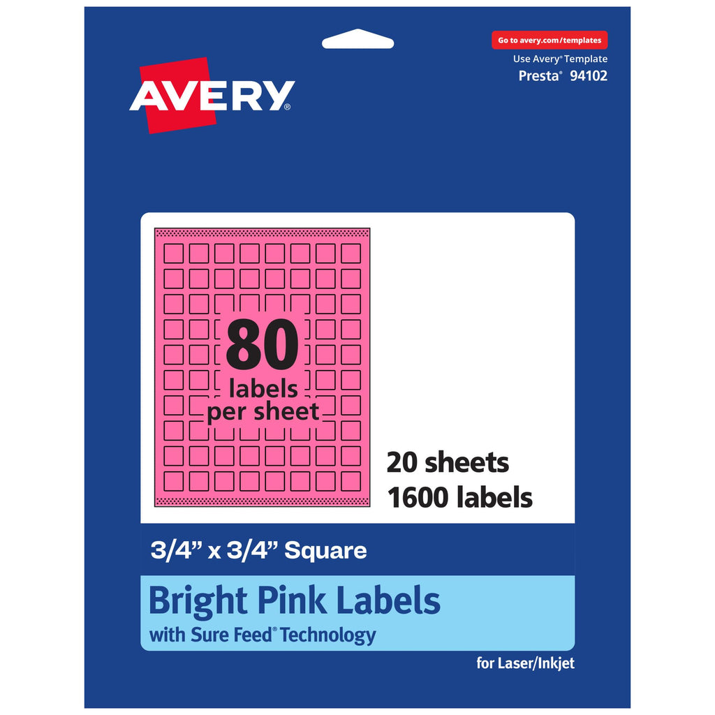 Avery® Printable Square Labels, Sure Feed® Technology, 3/4" x 3/4", Bright Pink Labels, Print-to-the-Edge, Laser/Inkjet, 1,600 Total, Great for Stickers and Mailing Seals 1,600 labels