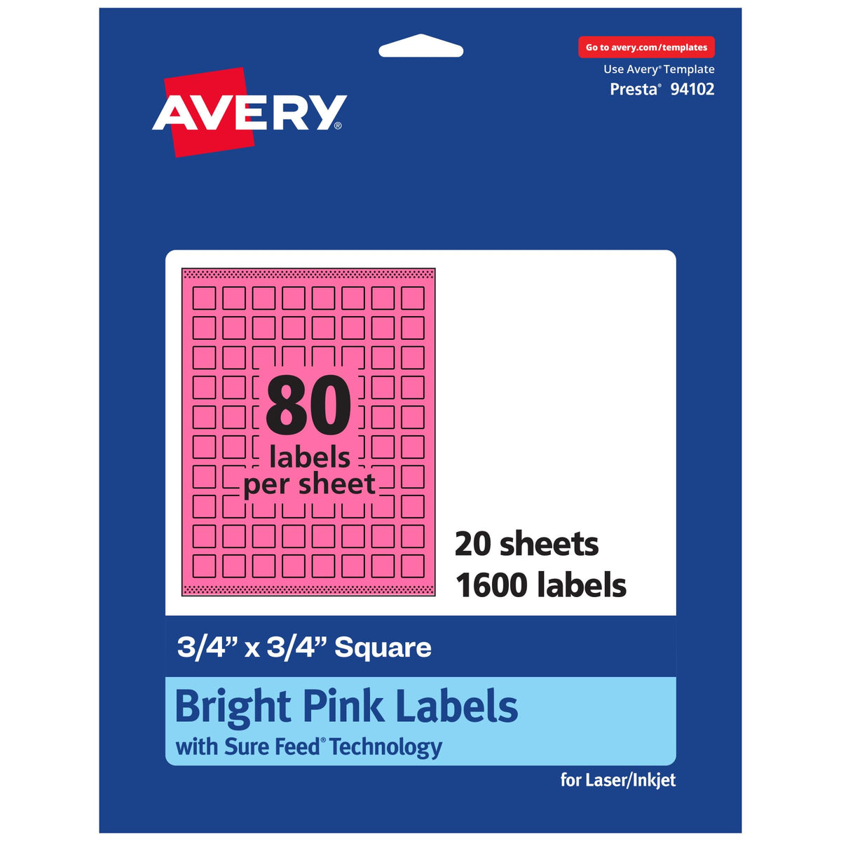Avery® Printable Square Labels, Sure Feed® Technology, 3/4" x 3/4", Bright Pink Labels, Print-to-the-Edge, Laser/Inkjet, 1,600 Total, Great for Stickers and Mailing Seals 1,600 labels