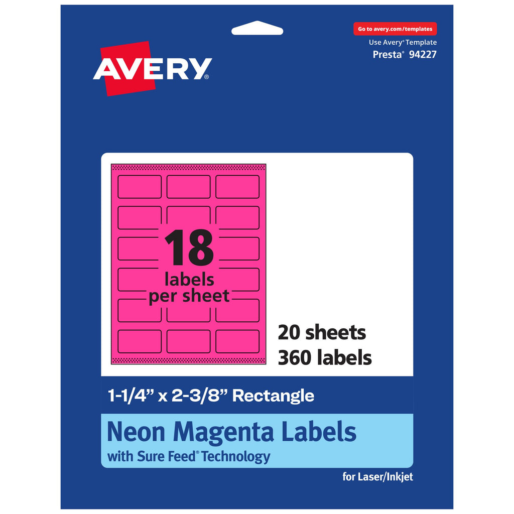 Avery® Printable Rectangle Labels, Sure Feed® Technology, 1-1/4" x 2-3/8", Neon Magenta Labels, Print-to-The-Edge, Laser/Inkjet Printable, 360 Total, Great for Mailing 360 labels