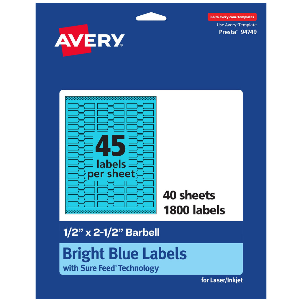 Avery® Printable Barbell Labels, Sure Feed® Technology, 1/2" x 2-1/2", Bright Blue Labels, Laser/Inkjet Printable, 1,800 Total, Great for Jewelry and Cords 1,800 labels