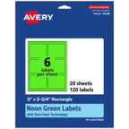 Avery® Printable Rectangle Labels, Sure Feed® Technology, 3" x 3-3/4", Neon Green Labels, Print-to-The-Edge, Laser/Inkjet Printable, 120 Total, Great for Candles and Ingredients 120 labels