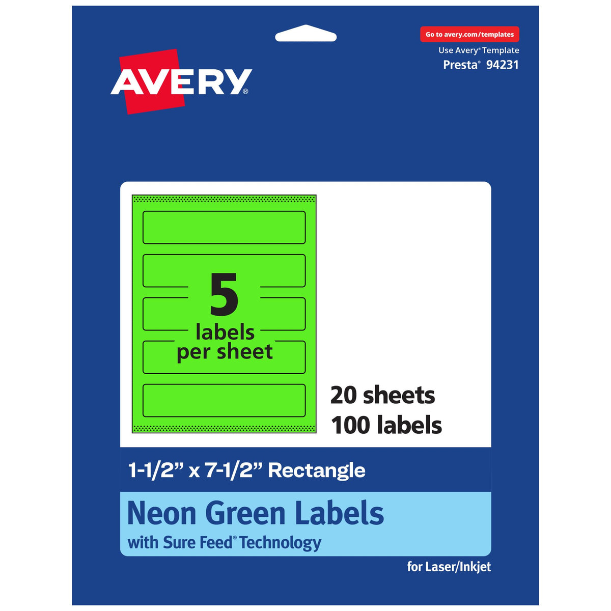 Avery Printable Rectangle Labels, Sure Feed Technology, 1-1/2" x 7-1/2", Neon Green Labels, Print-to-The-Edge, Laser/Inkjet Printable, 100 Total, Great for Candles and Jars 100 labels