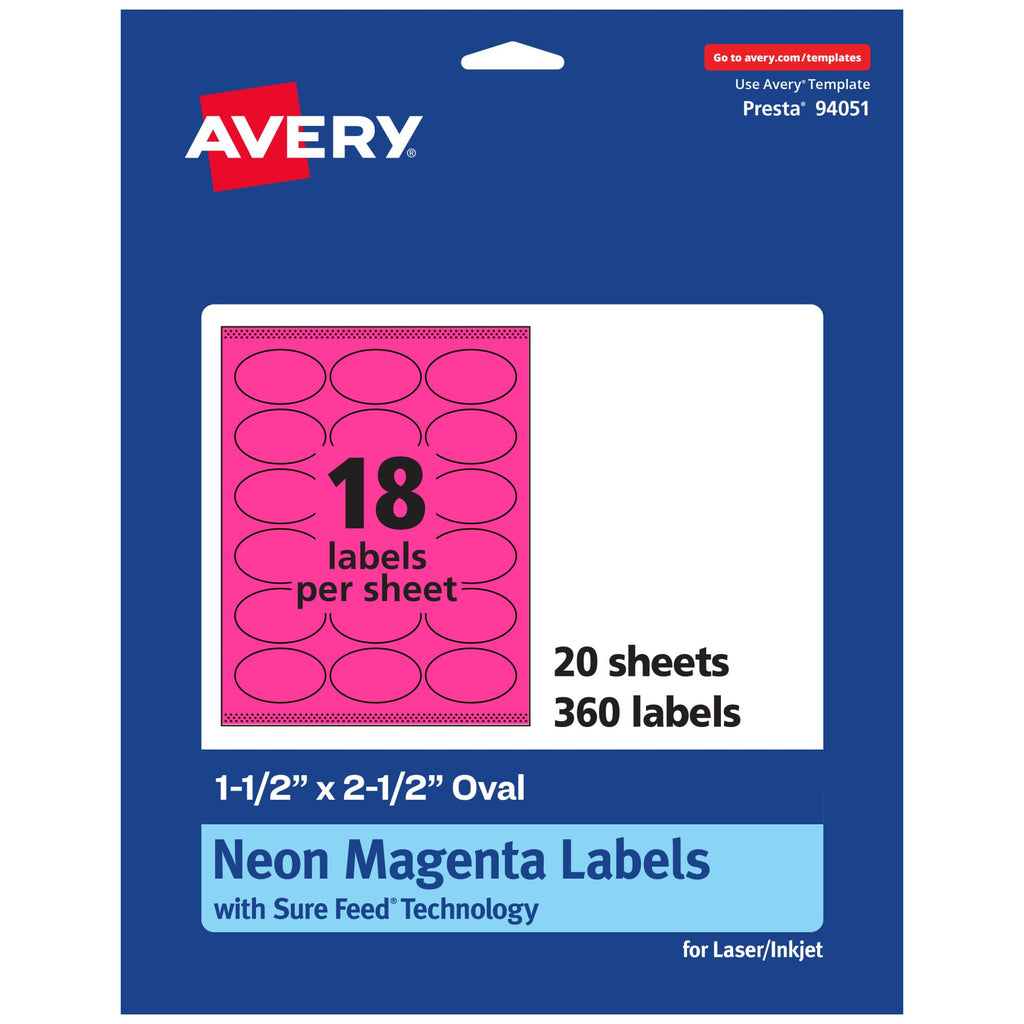 Avery Printable Oval Labels, Sure Feed Technology, 1-1/2" x 2-1/2", Neon Magenta Labels, Laser/Inkjet Printable, 360 Total, Great for Soaps and Candles 360 labels
