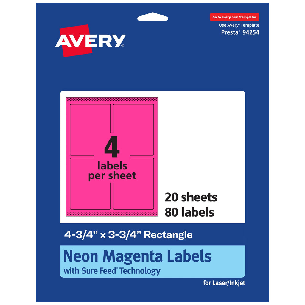 Avery Printable Rectangle Labels, Sure Feed Technology, 4-3/4" x 3-3/4", Neon Magenta Labels, Print-to-The-Edge, Laser/Inkjet Printable, 80 Total, Great for Shipping and Packaging 80 labels