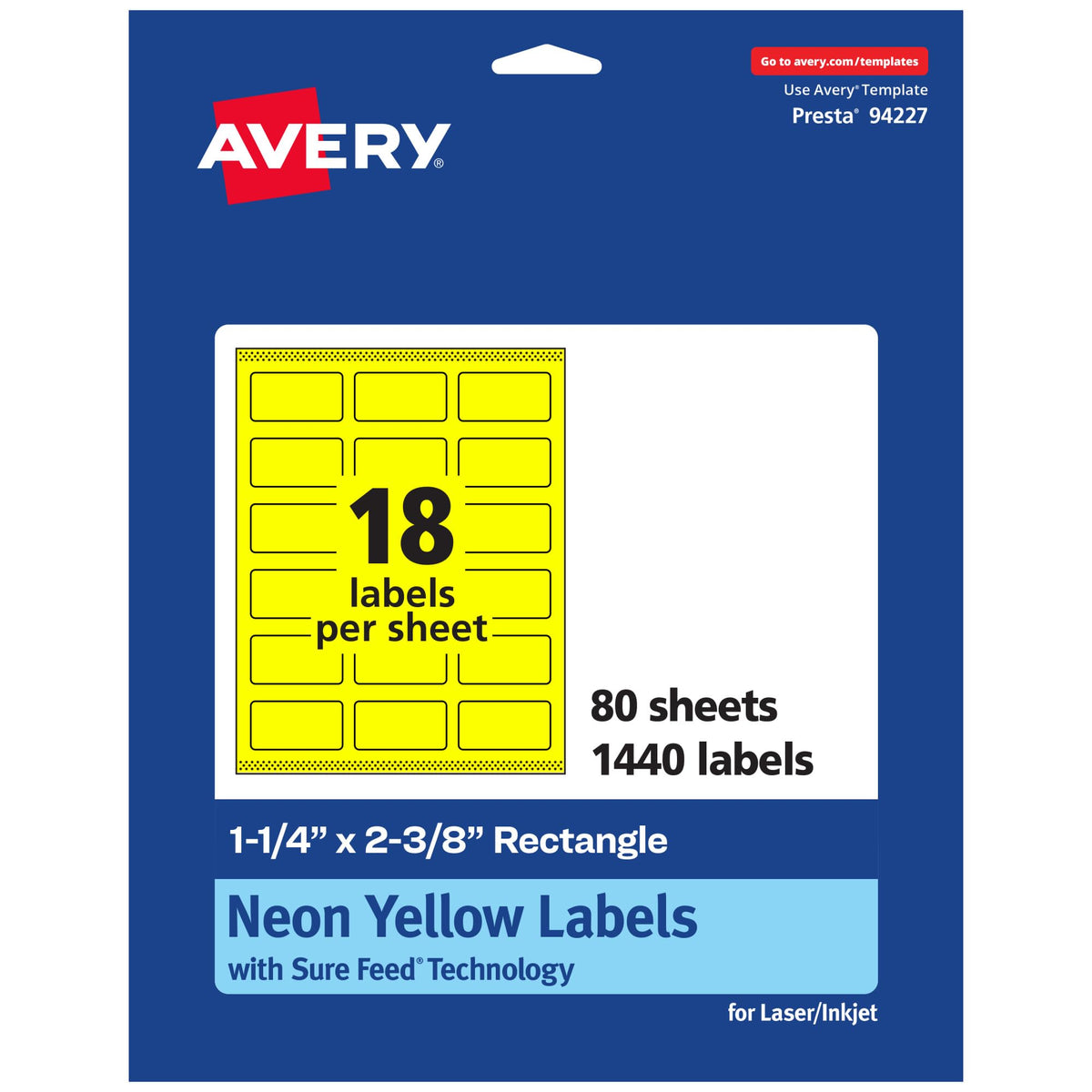 Avery Printable Rectangle Labels, Sure Feed Technology, 1-1/4" x 2-3/8", Neon Yellow Labels, Print-to-The-Edge, Laser/Inkjet Printable, 1,440 Total, Great for Mailing 1,440 labels