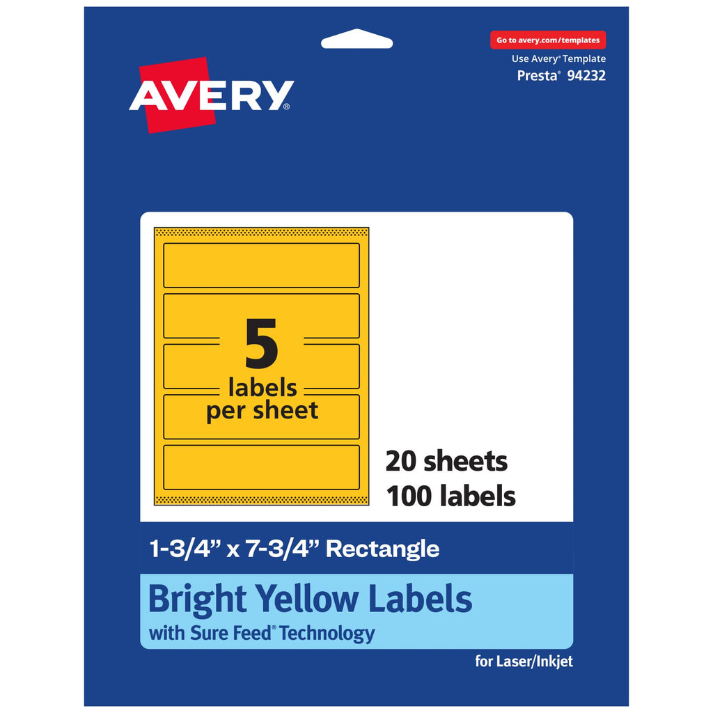 Avery Printable Rectangle Labels, Sure Feed Technology, 1-3/4" x 7-3/4", Bright Yellow Labels, Print-to-The-Edge, Laser/Inkjet Printable, 100 Total, Great for Candles and Jars 100 labels