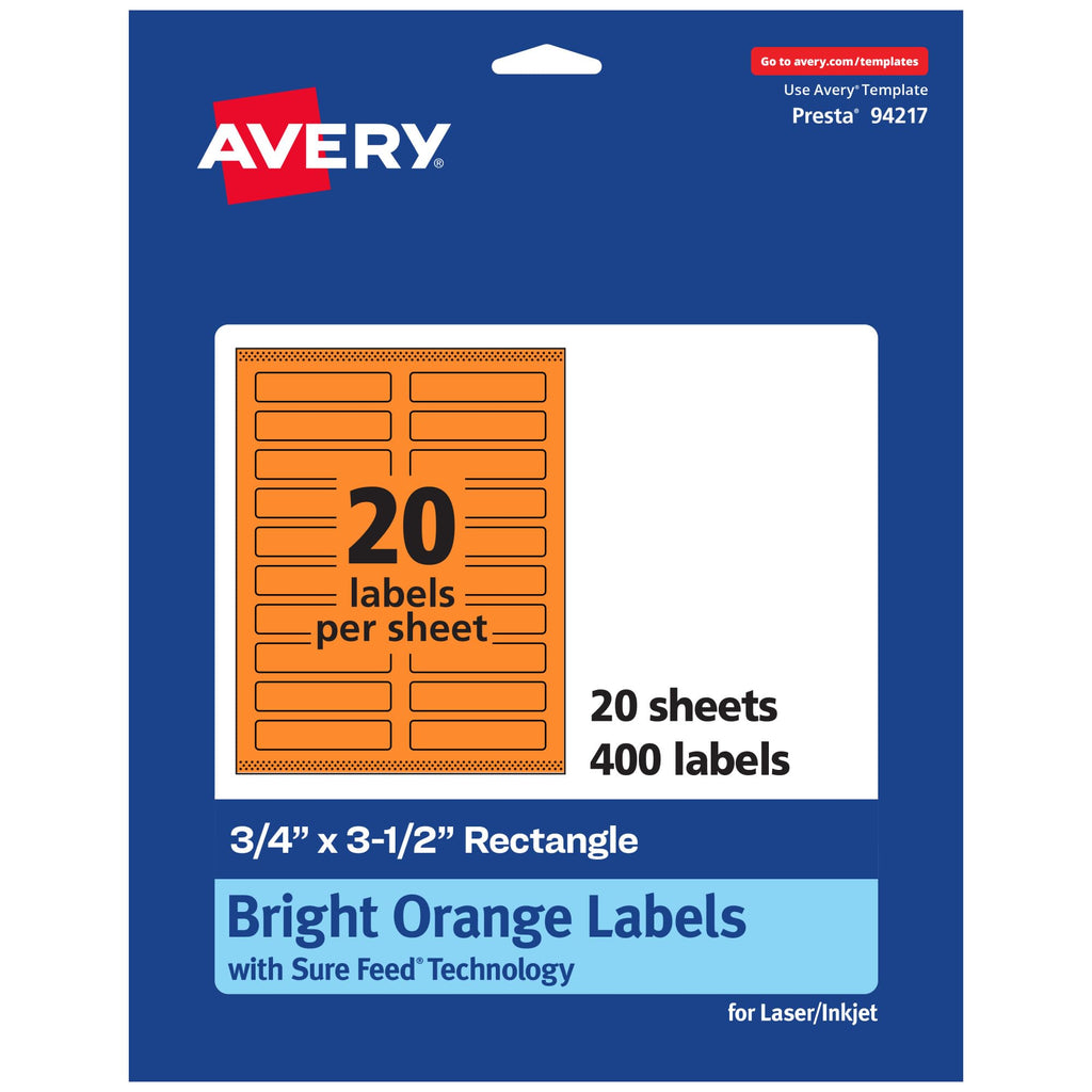 Avery Printable Rectangle Labels, Sure Feed Technology, 3/4" x 3-1/2", Bright Orange Labels, Print-to-The-Edge, Laser/Inkjet Printable, 400 Total, Great for Mailing 400 labels