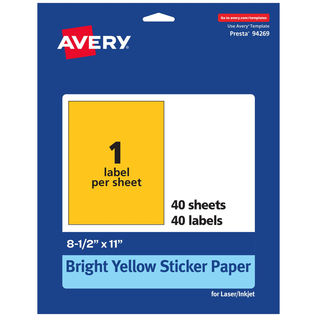 Avery® Printable Sticker Paper, 8-1/2" x 11", Full-Sheet Labels, Bright Yellow Labels, Laser/Inkjet Printable, 40 Total, Great for Packaging and Stickers 40 labels