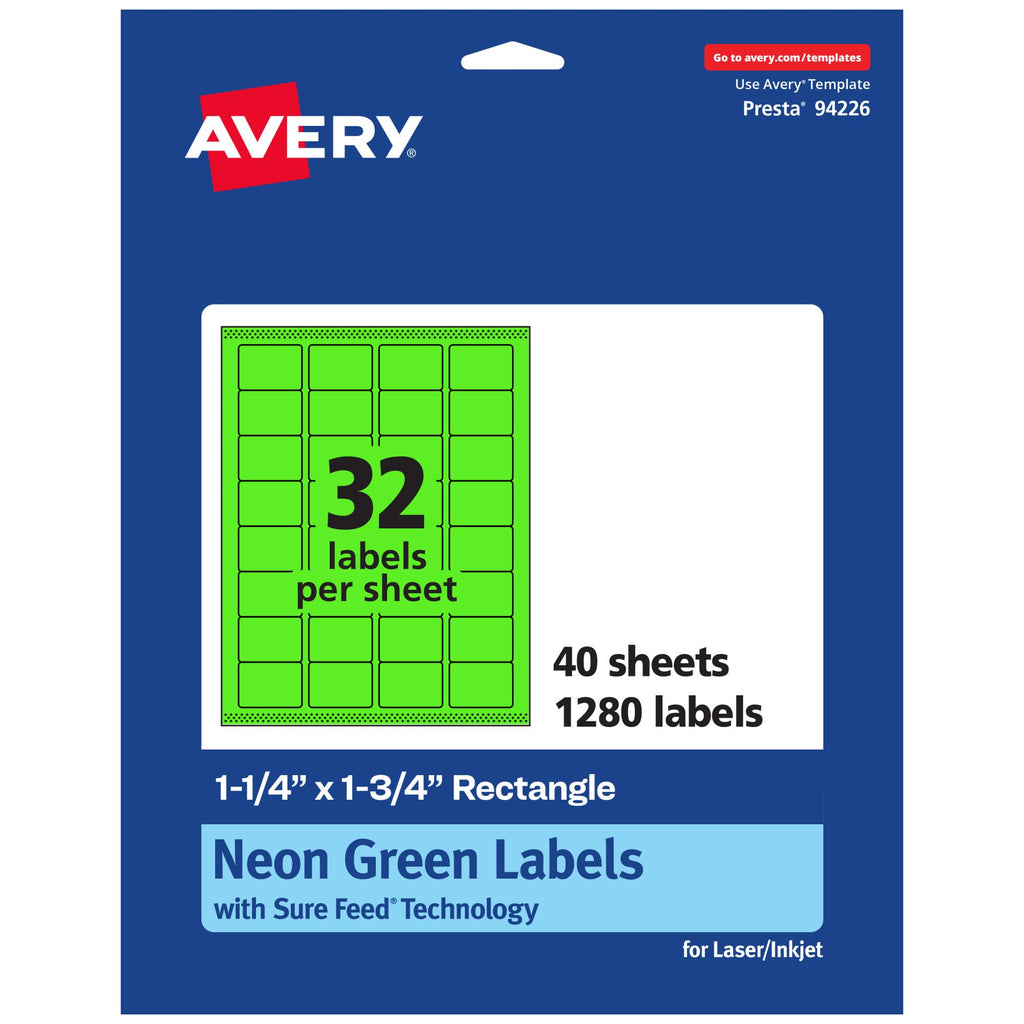 Avery Printable Rectangle Labels, Sure Feed Technology, 1-1/4" x 1-3/4", Neon Green Labels, Laser/Inkjet Printable, 1,280 Total, Great for Jars and More 1,280 labels