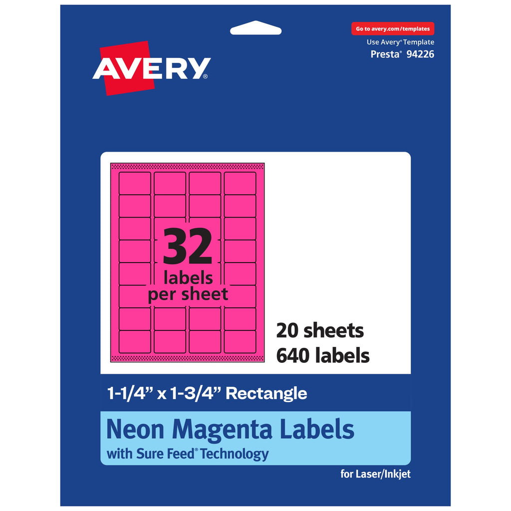 Avery® Printable Rectangle Labels, Sure Feed® Technology, 1-1/4" x 1-3/4", Neon Magenta Labels, Laser/Inkjet Printable, 640 Total, Great for Jars and More 640 labels