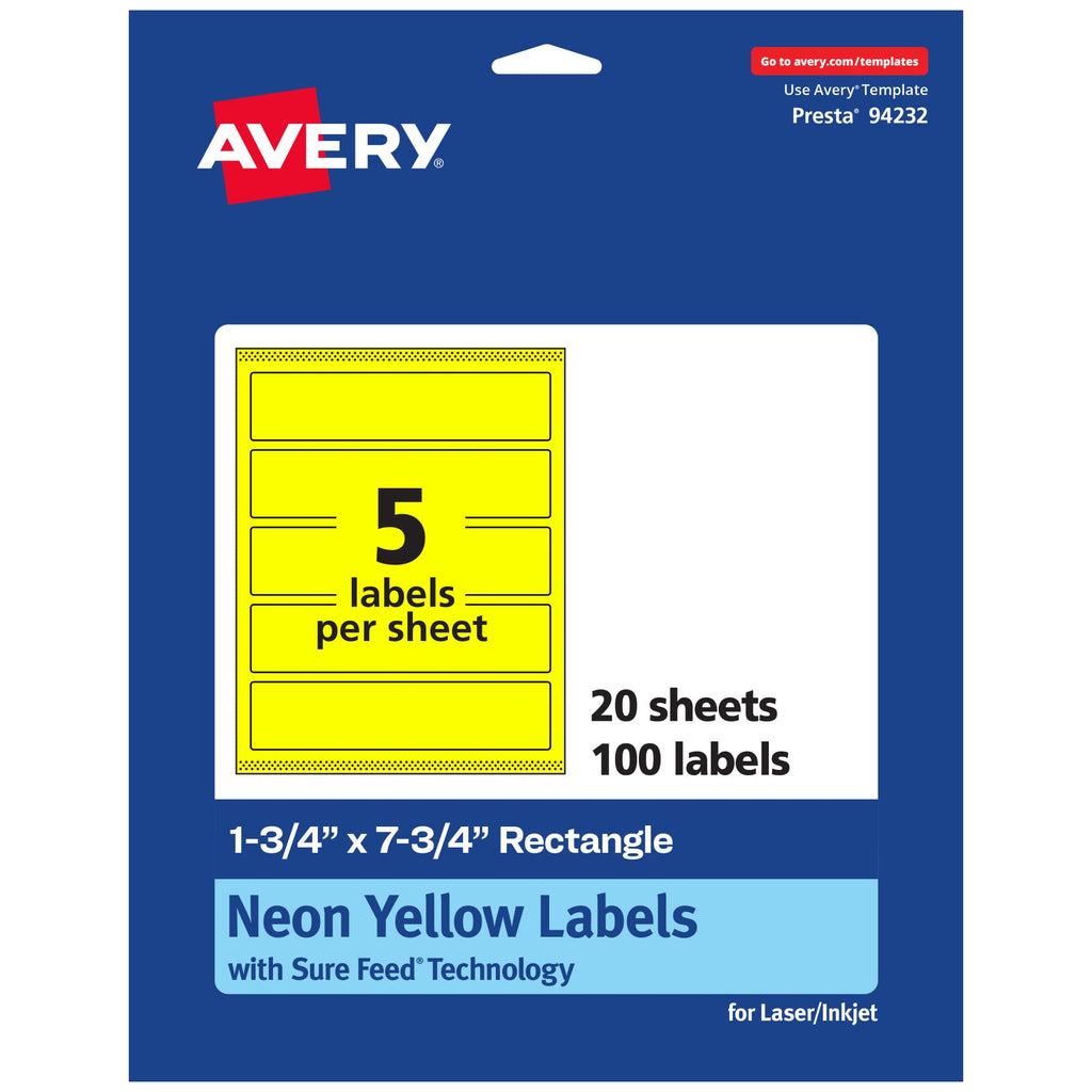 Avery Printable Rectangle Labels, Sure Feed Technology, 1-3/4" x 7-3/4", Neon Yellow Labels, Print-to-The-Edge, Laser/Inkjet Printable, 100 Total, Great for Candles and Jars 100 labels