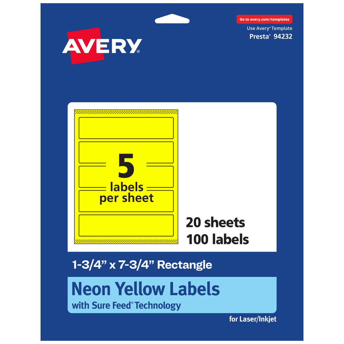 Avery Printable Rectangle Labels, Sure Feed Technology, 1-3/4" x 7-3/4", Neon Yellow Labels, Print-to-The-Edge, Laser/Inkjet Printable, 100 Total, Great for Candles and Jars 100 labels