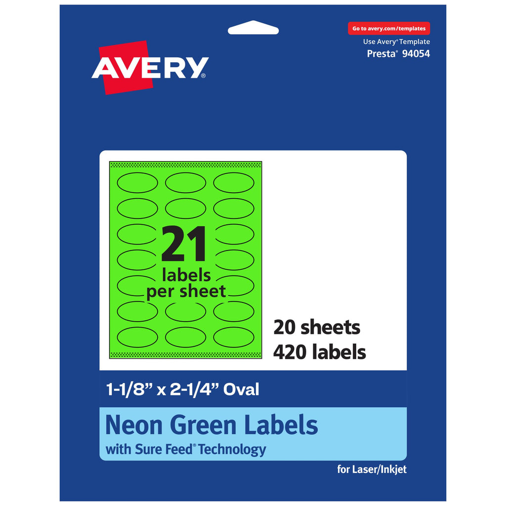 Avery® Printable Oval Labels, Sure Feed® Technology, 1-1/8" x 2-1/4", Neon Green Labels, Print-to-The-Edge, Laser/Inkjet Printable, 420 Total, Great for Soaps and Candles 420 labels