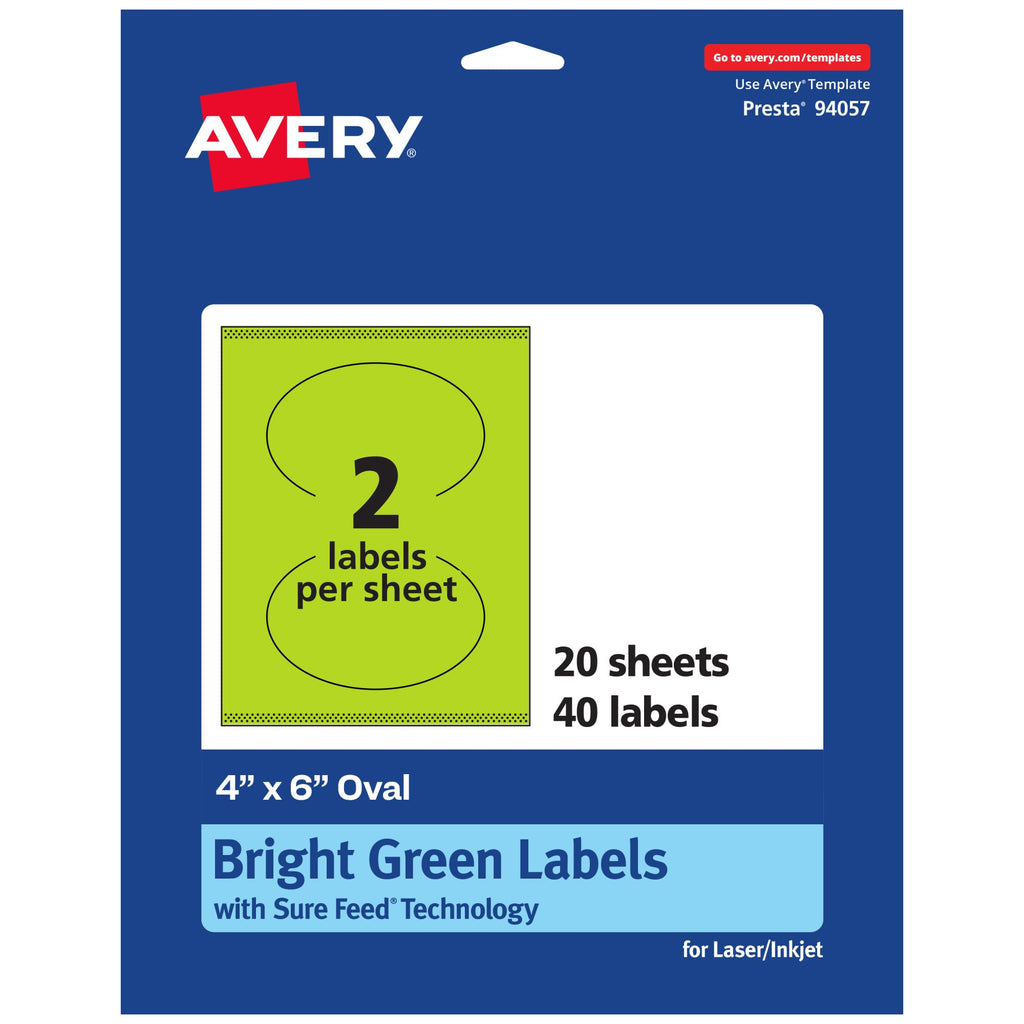 Avery Printable Oval Labels, Sure Feed Technology, 4" x 6", Bright Green Labels, Print-to-The-Edge, Laser/Inkjet Printable, 40 Total, Great for Packaging and Candles 40 labels