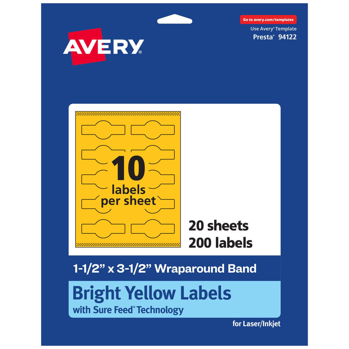 Avery® Printable Wraparound Band Labels, Sure Feed® Technology, 1-1/2" x 3-1/2", Bright Yellow Labels, Print-to-the-Edge, Laser/Inkjet, 200 Total, Great for Soap Labels and Jar Labels 200 labels