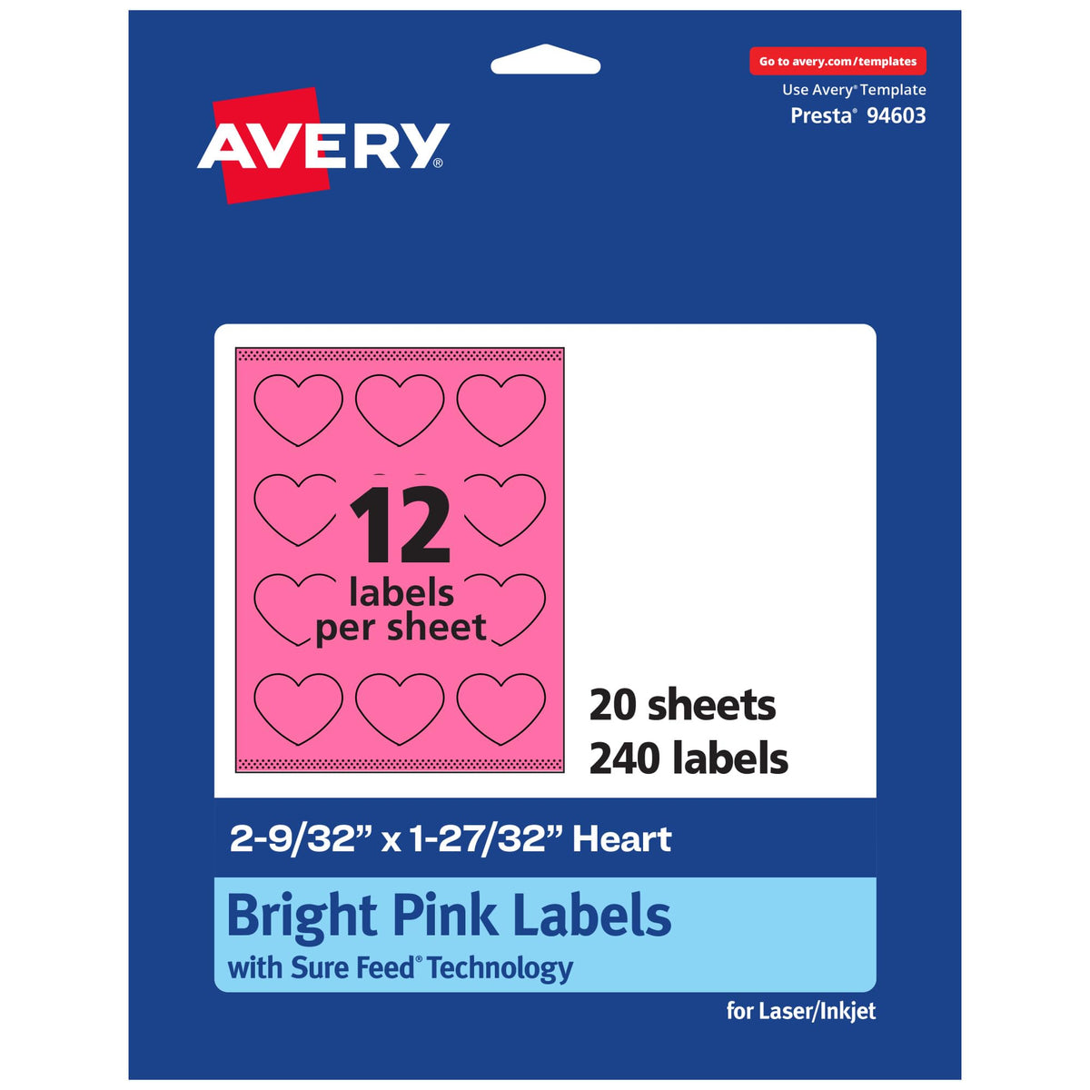 Avery Printable Heart Labels, Sure Feed Technology, 2-9/32" x 1-27/32", Bright Pink Labels, Print-to-The-Edge, Laser/Inkjet Printable, 240 Total, Great for Mailing Seals and Packaging 240 labels