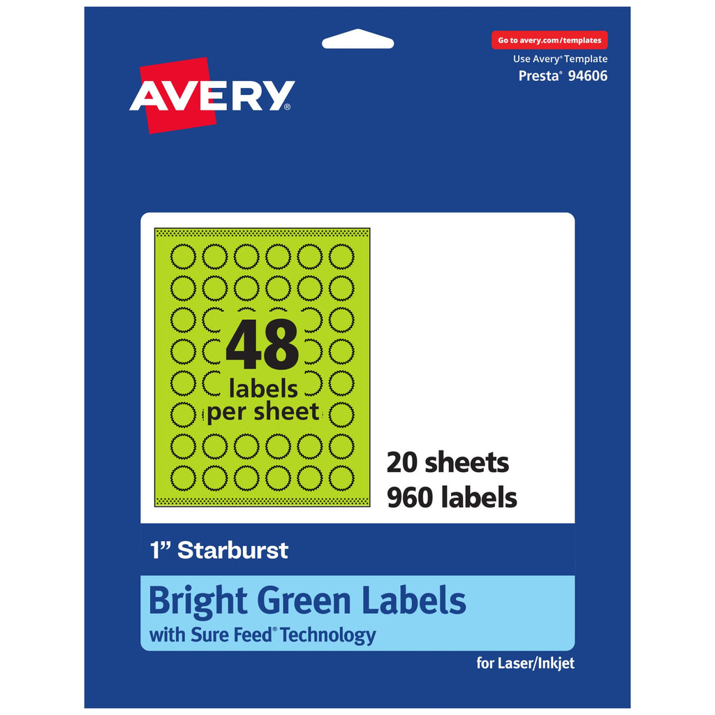 Avery Printable Starburst Labels, Sure Feed Technology, 1", Bright Green Labels, Print-to-the-Edge, Laser/Inkjet, 960 Total, Great for Mailing Seals and Planner Stickers 960 labels