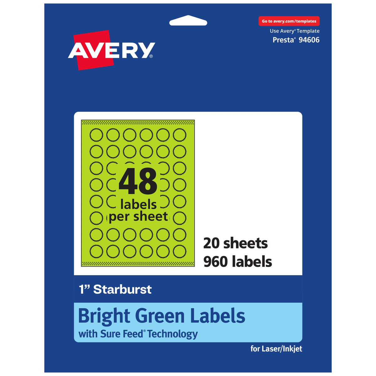 Avery Printable Starburst Labels, Sure Feed Technology, 1", Bright Green Labels, Print-to-the-Edge, Laser/Inkjet, 960 Total, Great for Mailing Seals and Planner Stickers 960 labels