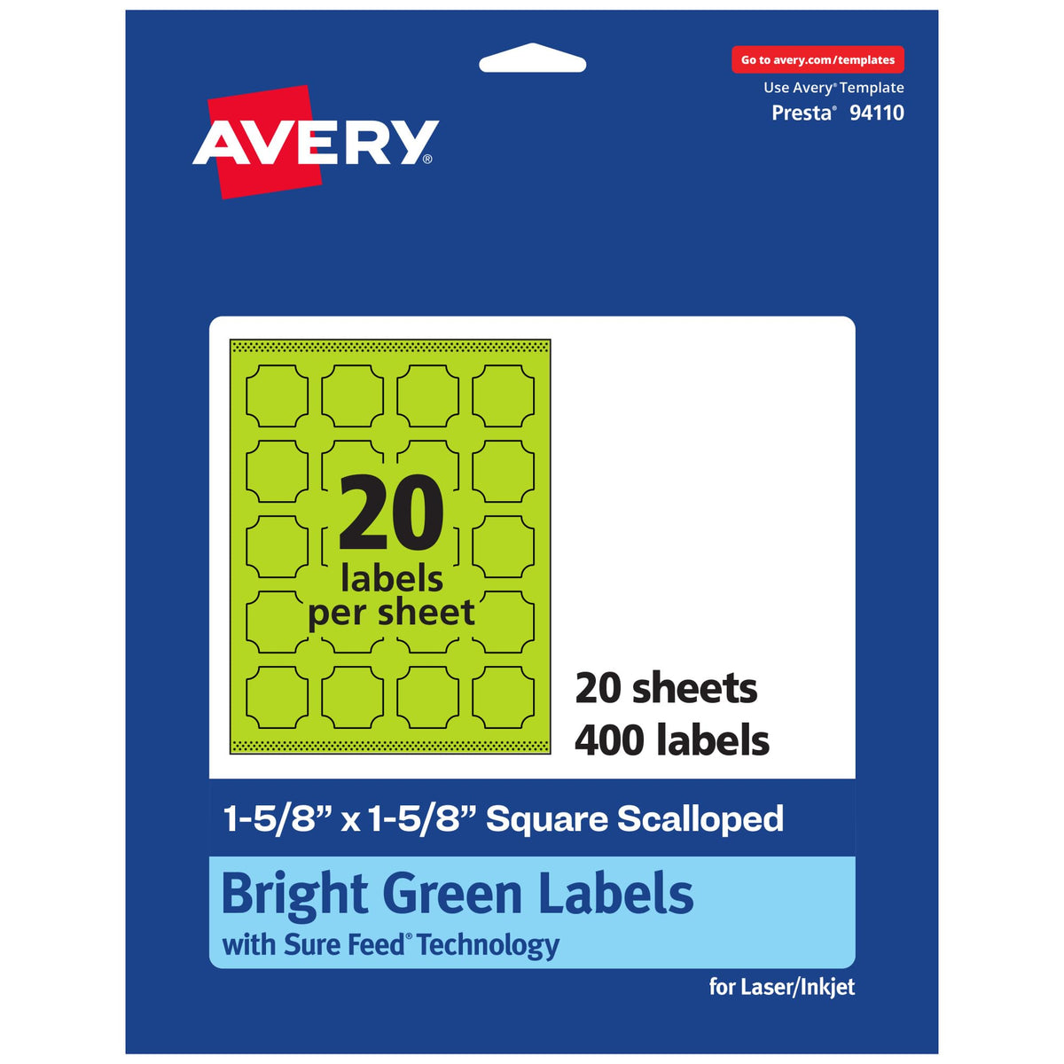 Avery® Printable Square Scalloped Labels, Sure Feed® Technology, 1-5/8" x 1-5/8", Bright Green Labels, Print-to-The-Edge, Laser/Inkjet Printable, 400 Total, Great for Cosmetics and Jars 400 labels