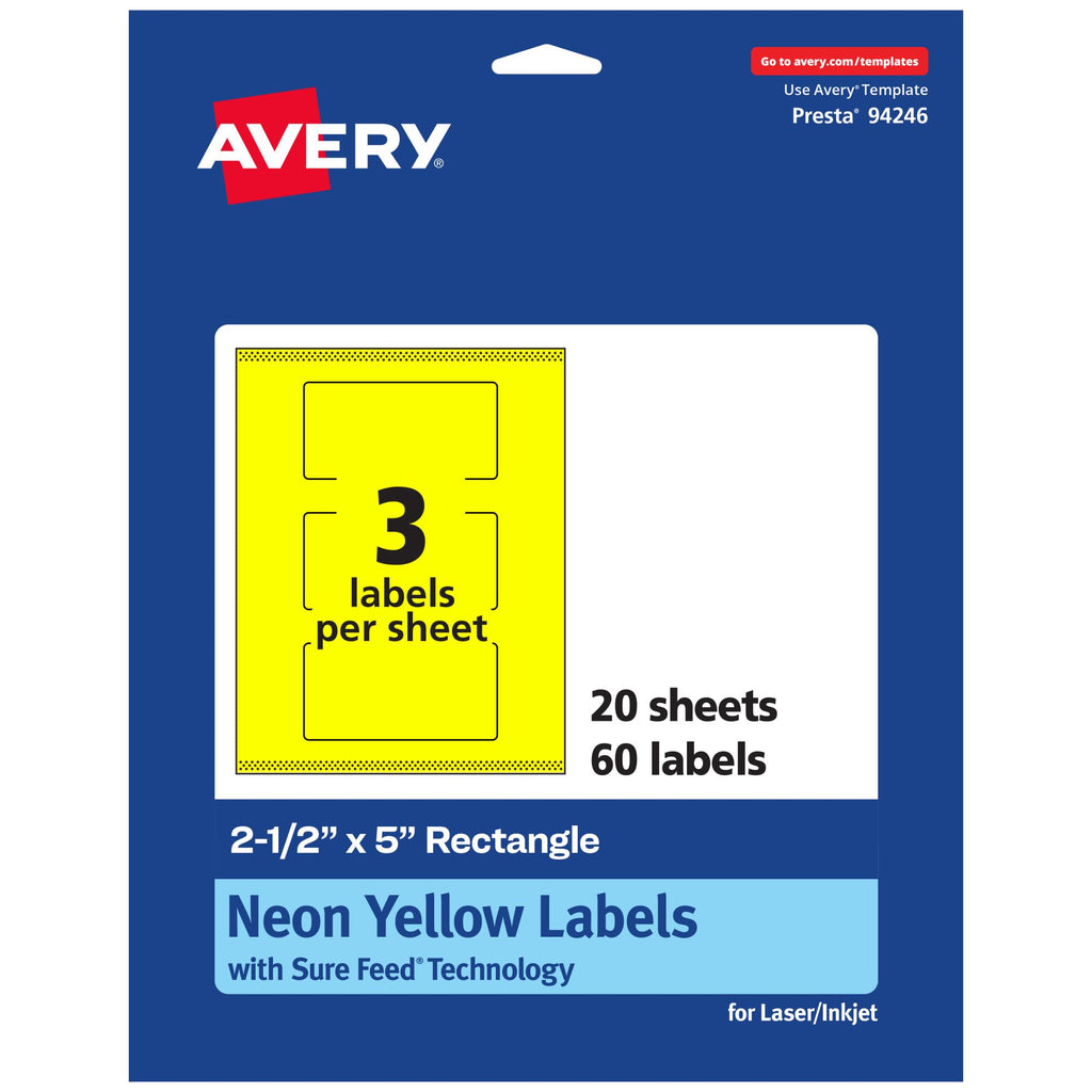 Avery® Printable Rectangle Labels, Sure Feed® Technology, 2-1/2" x 5", Neon Yellow Labels, Print-to-The-Edge, Laser/Inkjet Printable, 60 Total, Great for Candles and Ingredients 60 labels
