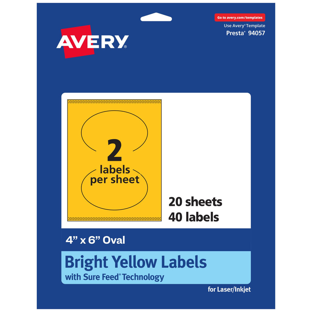 Avery Printable Oval Labels, Sure Feed Technology, 4" x 6", Bright Yellow Labels, Print-to-The-Edge, Laser/Inkjet Printable, 40 Total, Great for Packaging and Candles 40 labels