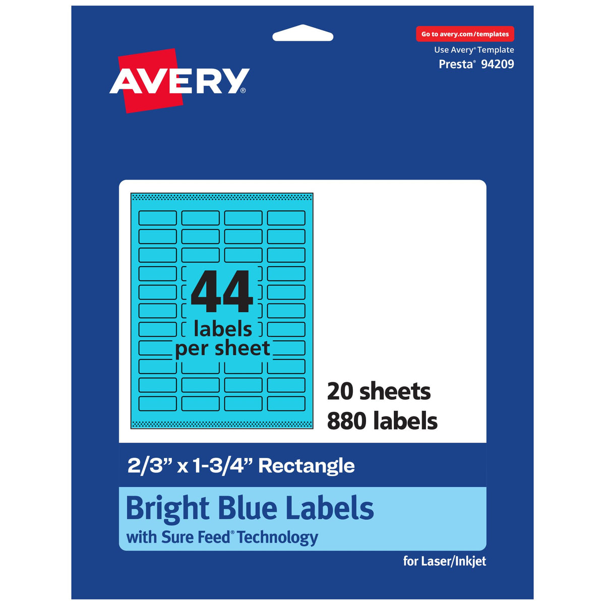 Avery® Printable Rectangle Labels, Sure Feed® Technology, 2/3" x 1-3/4", Bright Blue Labels, Print-to-The-Edge, Laser/Inkjet Printable, 880 Total, Great for Product Merchandising and Jars 880 labels
