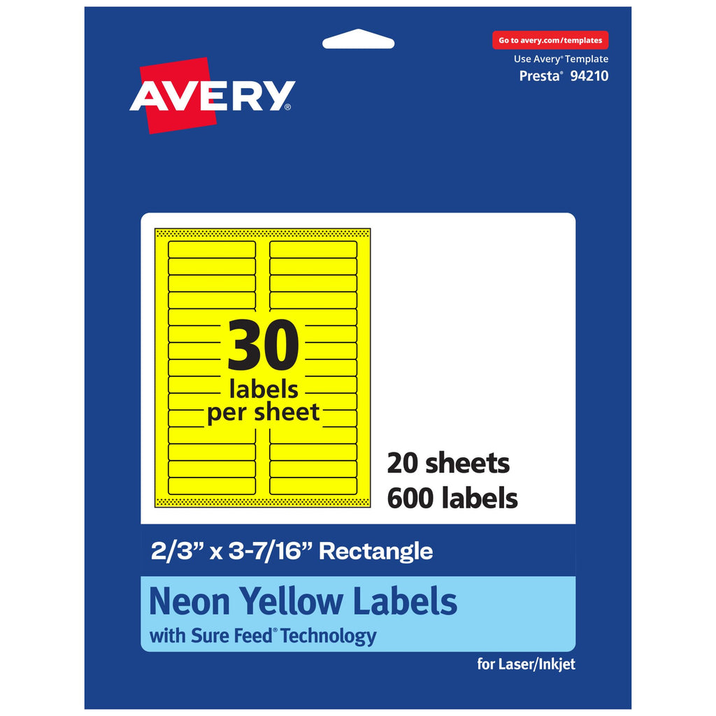 Avery® Printable Rectangle Labels, Sure Feed® Technology, 2/3" x 3-7/16", Neon Yellow Labels, Laser/Inkjet Printable, 600 Total, Great for Mailing and Packaging 600 labels