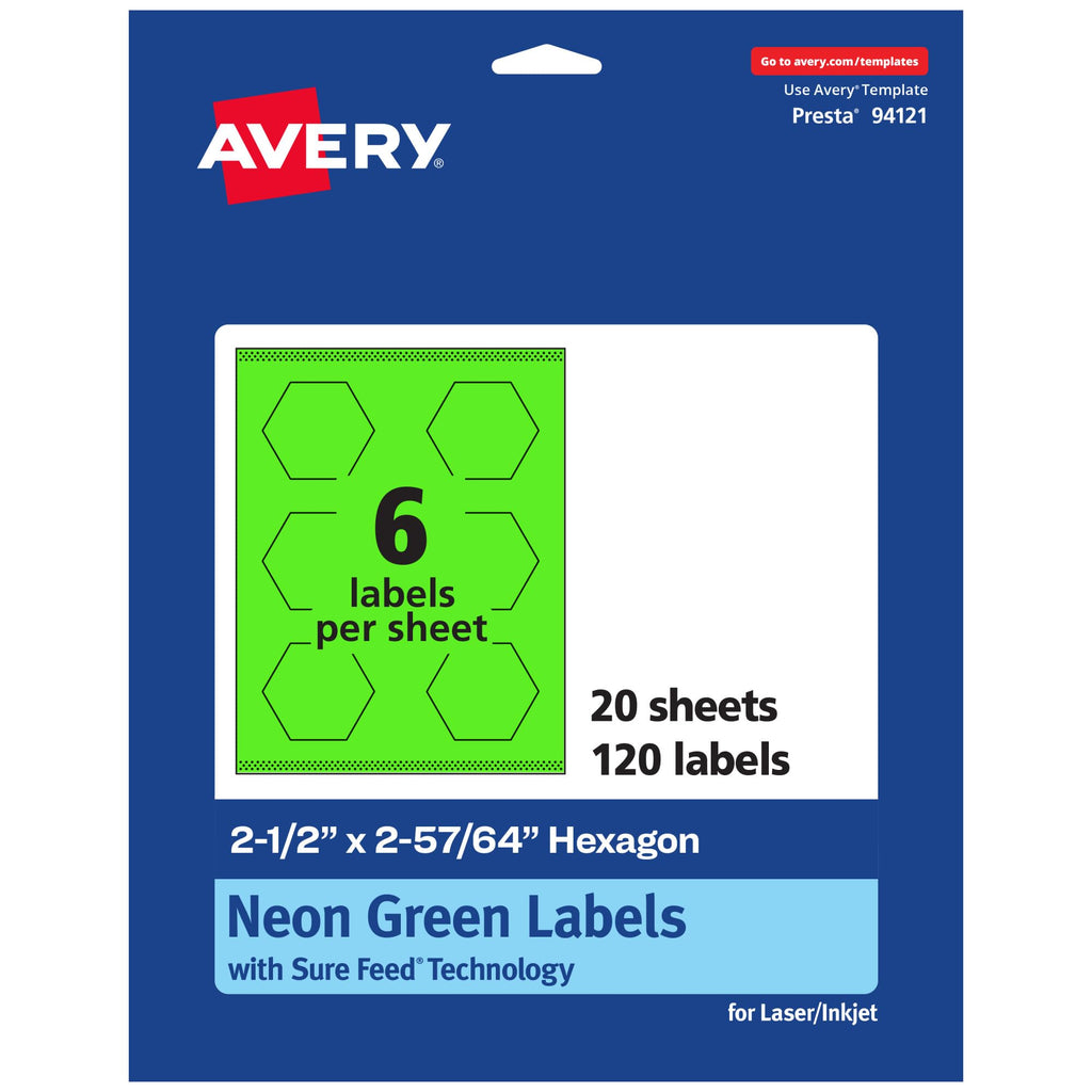 Avery Printable Hexagon Labels, Sure Feed Technology, 2-1/2" x 2-57/64", Neon Green Labels, Print-to-The-Edge, Laser/Inkjet Printable, 120 Total, Great for Cosmetics and Jars 120 labels