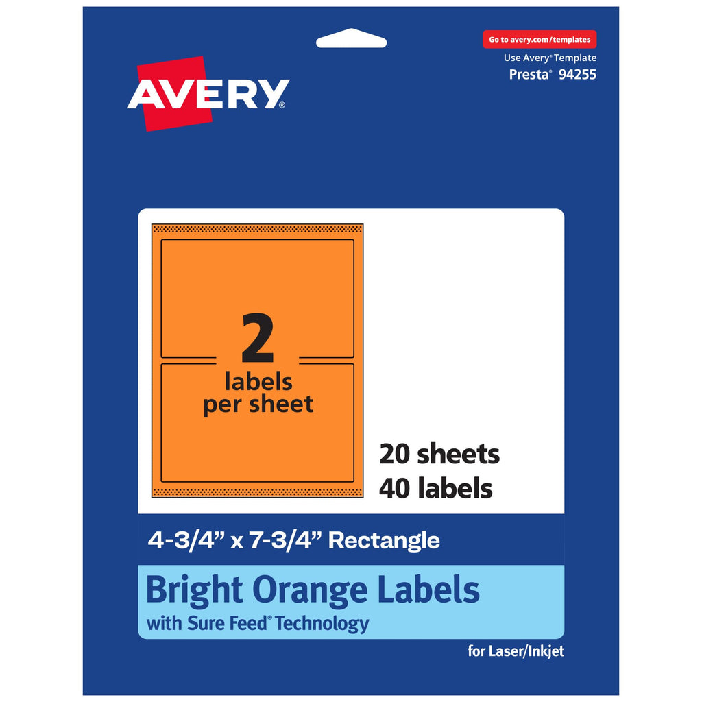 Avery Printable Rectangle Labels, Sure Feed Technology, 4-3/4" x 7-3/4", Bright Orange Labels, Print-to-The-Edge, Laser/Inkjet Printable, 40 Total, Great for Shipping and Packaging 40 labels
