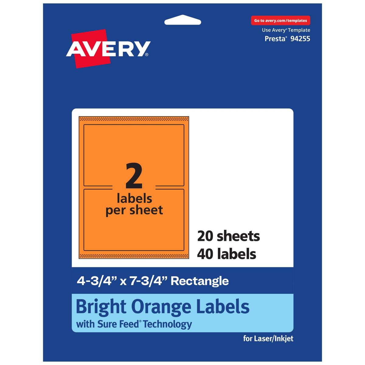 Avery Printable Rectangle Labels, Sure Feed Technology, 4-3/4" x 7-3/4", Bright Orange Labels, Print-to-The-Edge, Laser/Inkjet Printable, 40 Total, Great for Shipping and Packaging 40 labels