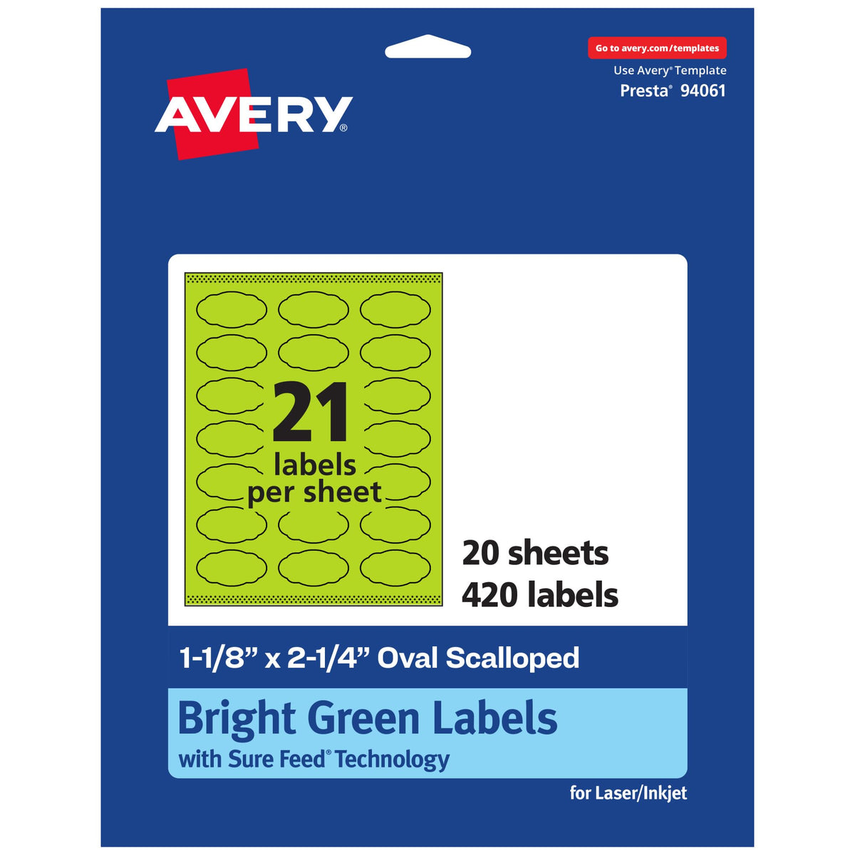 Avery Printable Oval Scalloped Labels, Sure Feed Technology, 1-1/8" x 2-1/4", Bright Green Labels, Print-to-The-Edge, Laser/Inkjet Printable, 420 Total, Great for Candles and Jars 420 labels