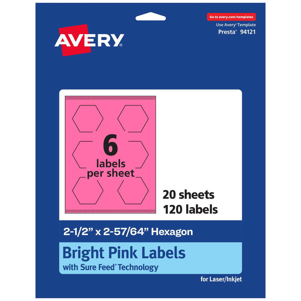 Avery® Printable Hexagon Labels, Sure Feed® Technology, 2-1/2" x 2-57/64", Bright Pink Labels, Print-to-The-Edge, Laser/Inkjet Printable, 120 Total, Great for Cosmetics and Jars 120 labels