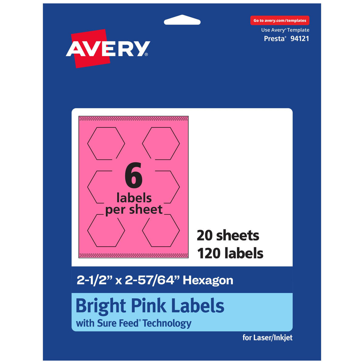 Avery® Printable Hexagon Labels, Sure Feed® Technology, 2-1/2" x 2-57/64", Bright Pink Labels, Print-to-The-Edge, Laser/Inkjet Printable, 120 Total, Great for Cosmetics and Jars 120 labels