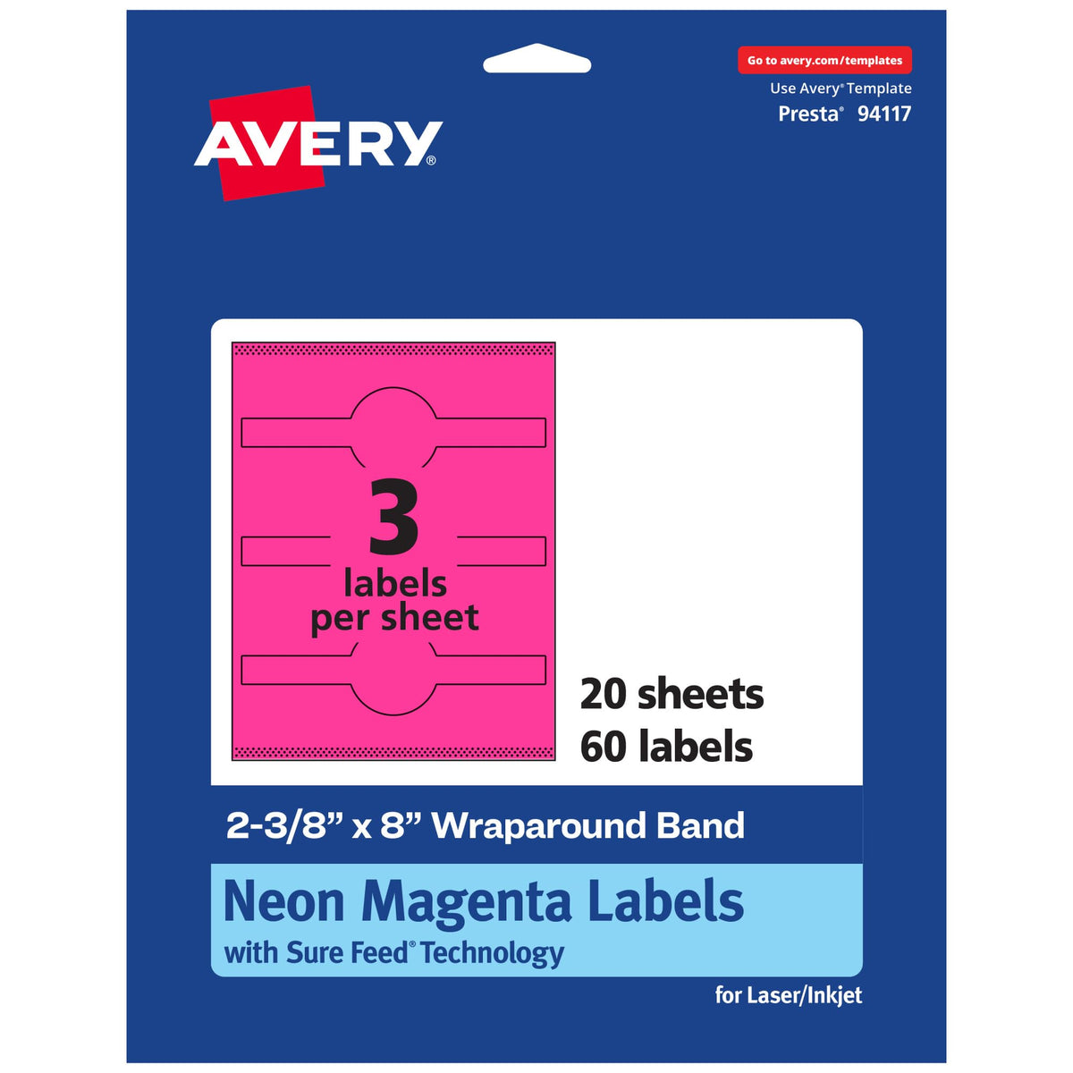 Avery® Printable Wraparound Band Labels, Sure Feed® Technology, 2-3/8" x 8", Neon Magenta Labels, Laser/Inkjet, 60 Total, Great for Soap Labels and Jar Labels 60 labels