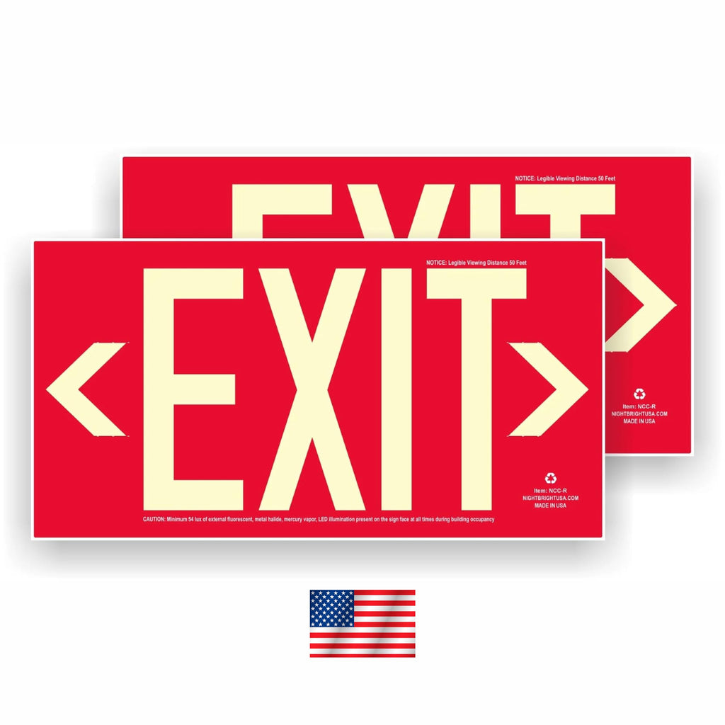 Photoluminescent Exit Signs | Pack of 2 | OSHA-ASTM-ANSI American Standard | Aluminum 14.25" x 7.5" | Weather Proof | NightBright USA Item: NCC-R II